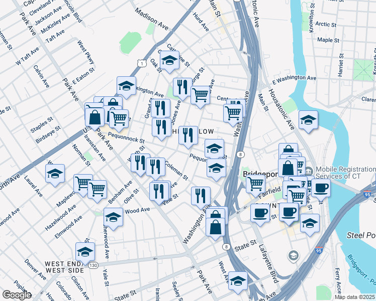 map of restaurants, bars, coffee shops, grocery stores, and more near 263 Harral Avenue in Bridgeport