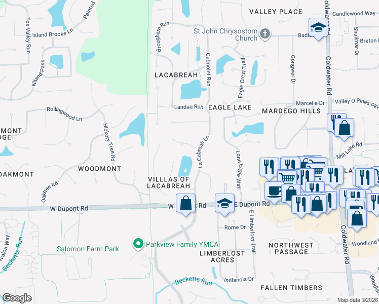 map of restaurants, bars, coffee shops, grocery stores, and more near 10803 La Cabreah Ln in Fort Wayne