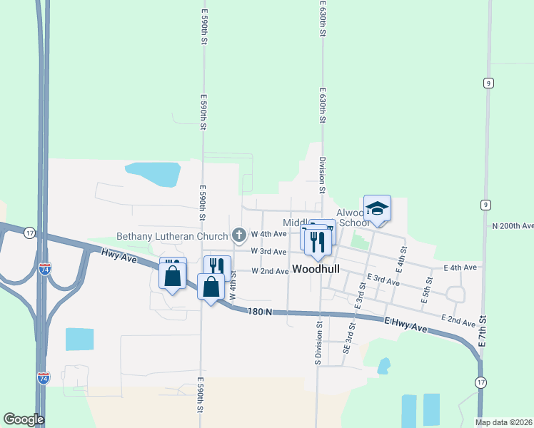 map of restaurants, bars, coffee shops, grocery stores, and more near 455 West 3rd Street in Woodhull