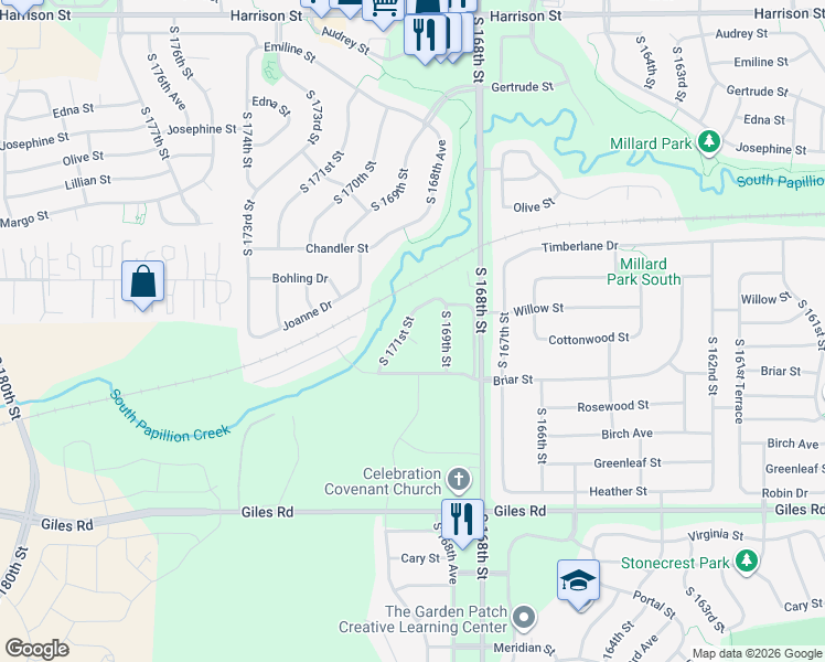 map of restaurants, bars, coffee shops, grocery stores, and more near 7935 South 171st Street in Omaha