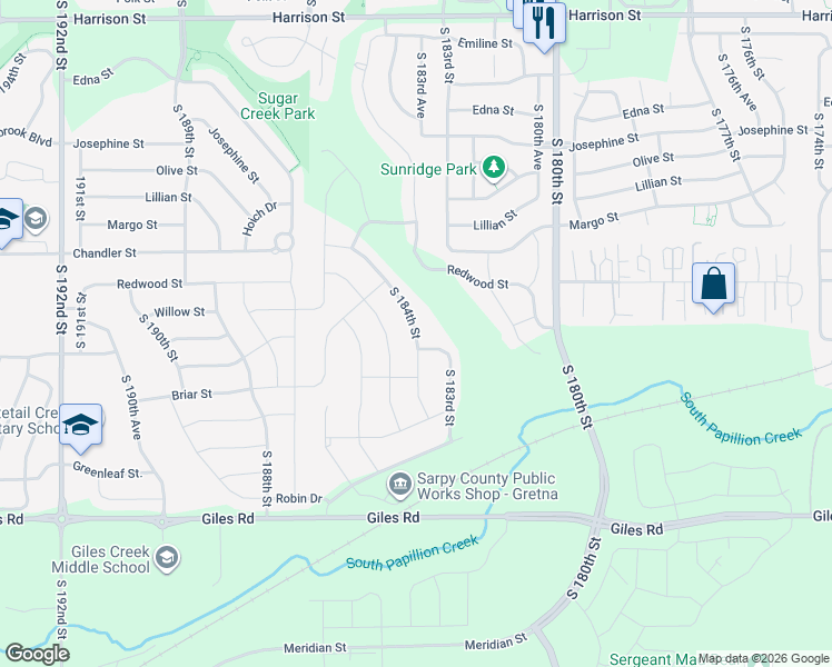 map of restaurants, bars, coffee shops, grocery stores, and more near 7844 South 184th Street in Omaha
