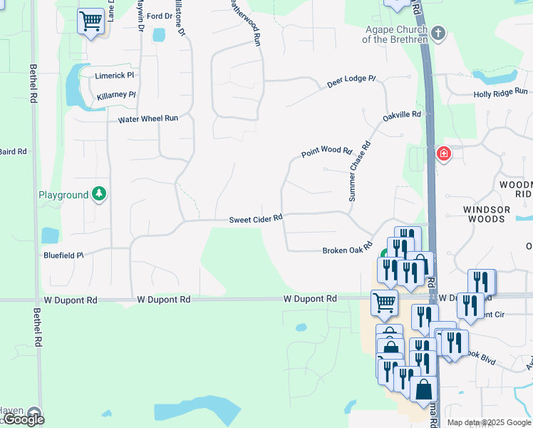 map of restaurants, bars, coffee shops, grocery stores, and more near 10808 Orchard Creek Place in Fort Wayne