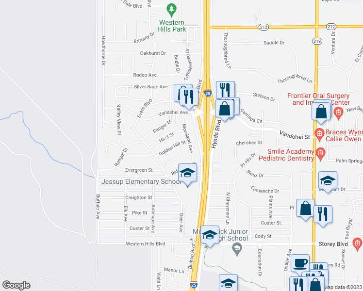 map of restaurants, bars, coffee shops, grocery stores, and more near 6543 Evergreen Street in Cheyenne