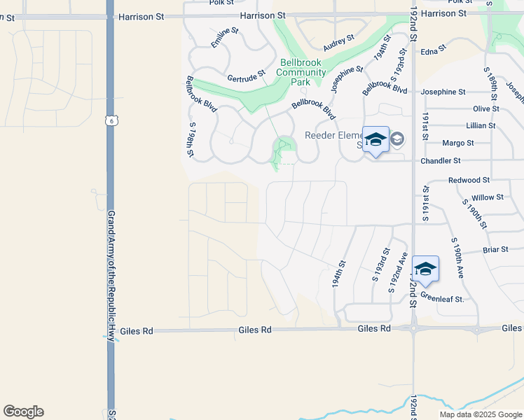 map of restaurants, bars, coffee shops, grocery stores, and more near 19713 Rosewood Street in Gretna