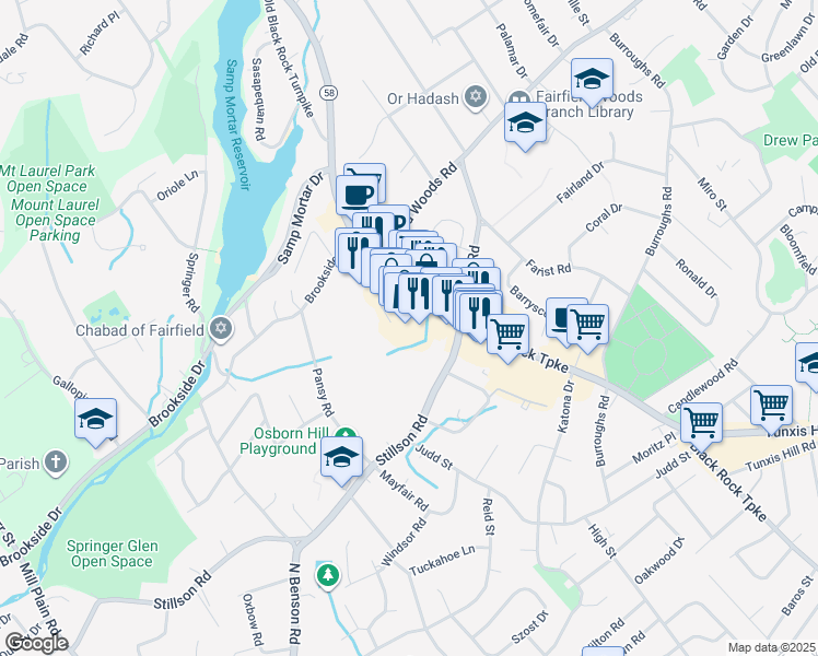 map of restaurants, bars, coffee shops, grocery stores, and more near 2221 Black Rock Turnpike in Fairfield