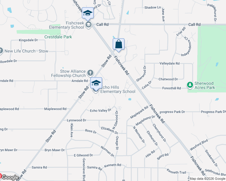 map of restaurants, bars, coffee shops, grocery stores, and more near 2424 Echo Valley Drive in Stow