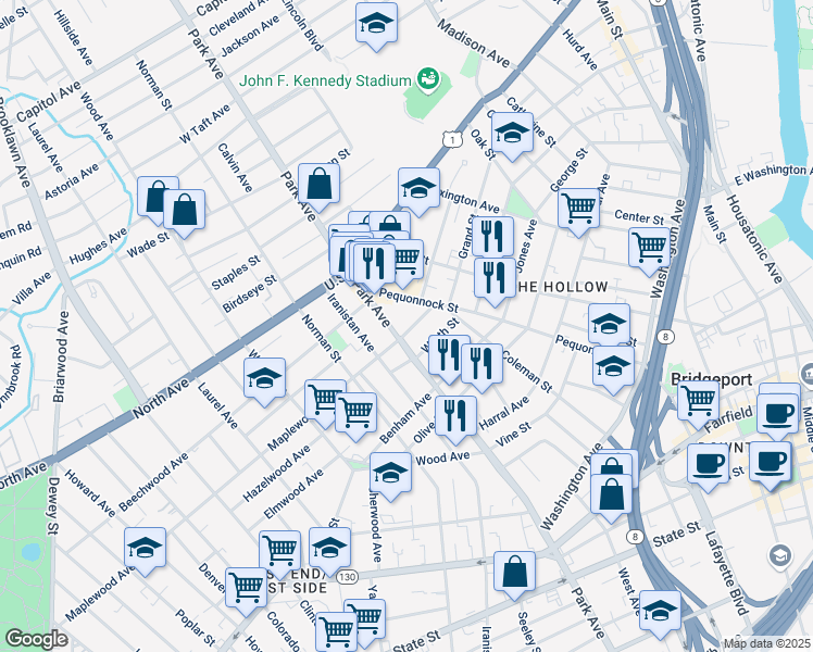map of restaurants, bars, coffee shops, grocery stores, and more near in Bridgeport