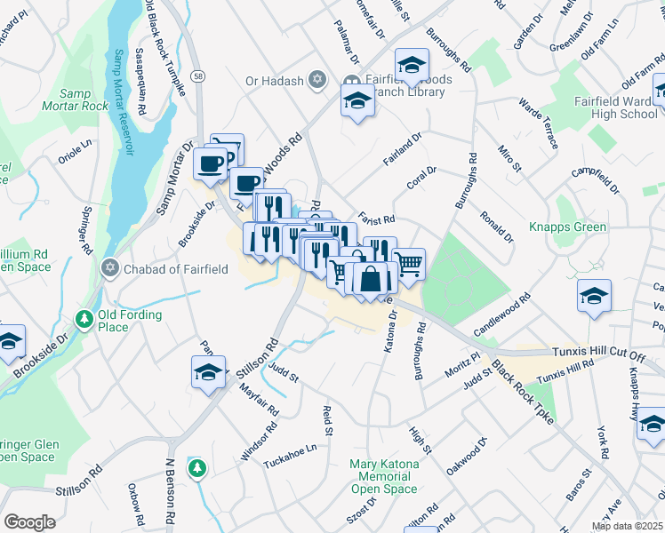 map of restaurants, bars, coffee shops, grocery stores, and more near 2063 Black Rock Turnpike in Fairfield