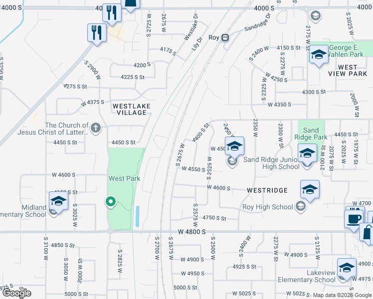 map of restaurants, bars, coffee shops, grocery stores, and more near 4535 2600 West Street in Roy