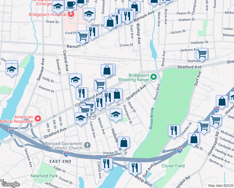 map of restaurants, bars, coffee shops, grocery stores, and more near 25-27 Hewitt Court in Bridgeport