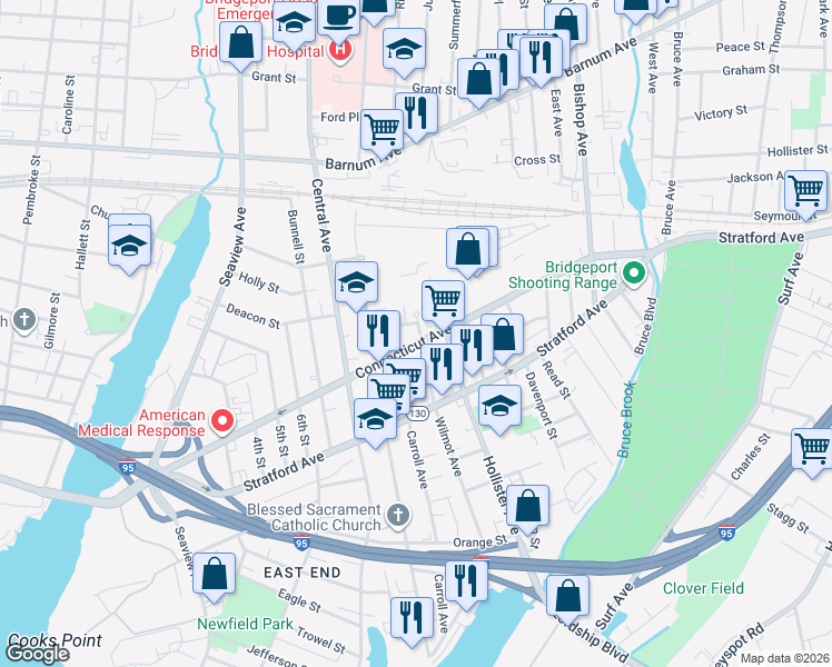 map of restaurants, bars, coffee shops, grocery stores, and more near in Bridgeport