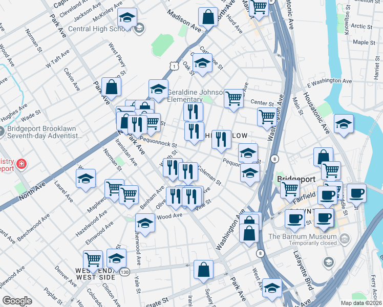 map of restaurants, bars, coffee shops, grocery stores, and more near 364 Benham Avenue in Bridgeport
