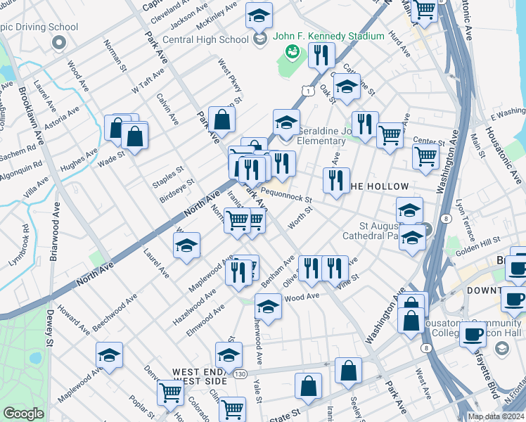 map of restaurants, bars, coffee shops, grocery stores, and more near 1576 Iranistan Avenue in Bridgeport