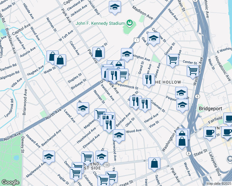 map of restaurants, bars, coffee shops, grocery stores, and more near 1576 Iranistan Avenue in Bridgeport