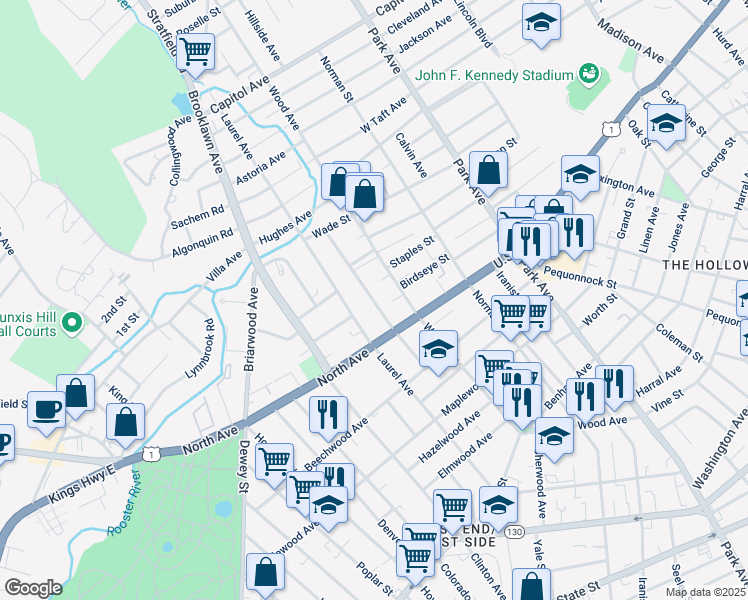 map of restaurants, bars, coffee shops, grocery stores, and more near 150 Pacific Street in Bridgeport