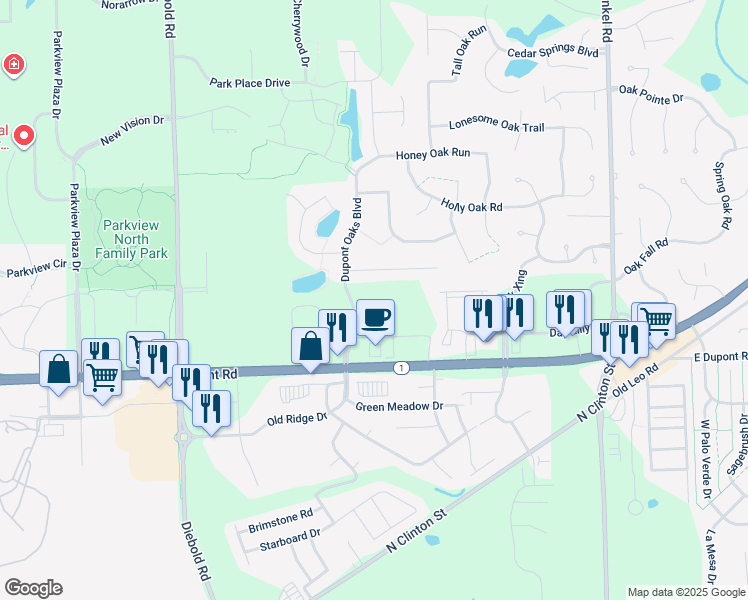 map of restaurants, bars, coffee shops, grocery stores, and more near 4713 East Dupont Road in Fort Wayne