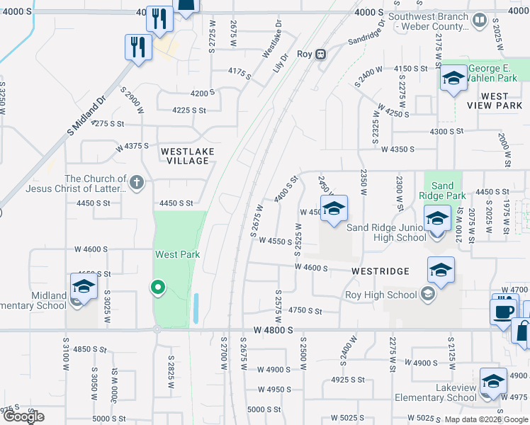 map of restaurants, bars, coffee shops, grocery stores, and more near 4535 2600 West Street in Roy