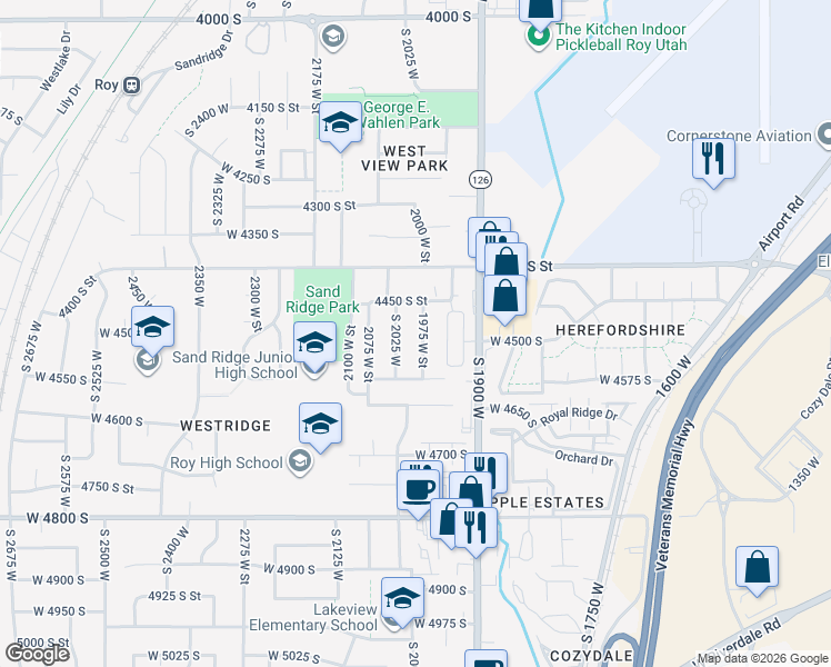 map of restaurants, bars, coffee shops, grocery stores, and more near 4493 1975 West Street in Roy