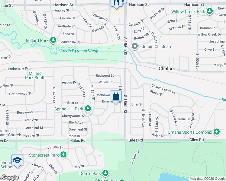 map of restaurants, bars, coffee shops, grocery stores, and more near 15721 Cottonwood Street in Omaha