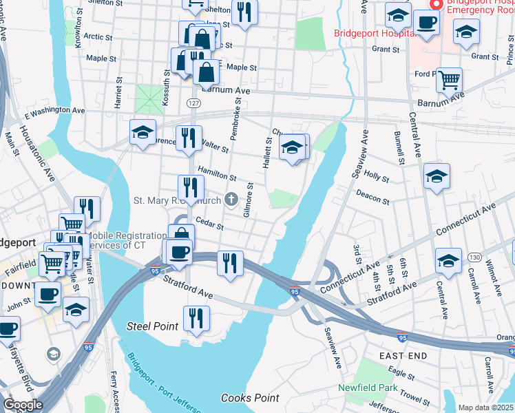 map of restaurants, bars, coffee shops, grocery stores, and more near 6 Gilmore Street in Bridgeport