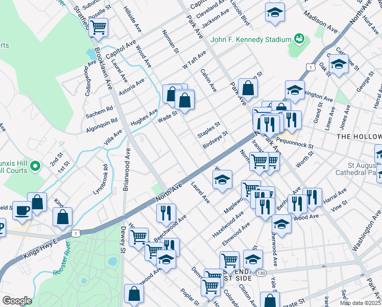 map of restaurants, bars, coffee shops, grocery stores, and more near 184 Pacific Street in Bridgeport