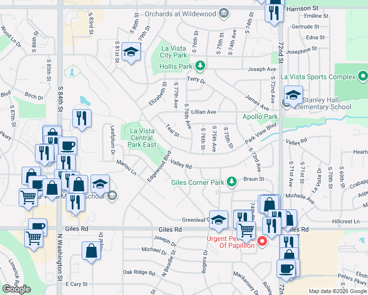 map of restaurants, bars, coffee shops, grocery stores, and more near 7609 Park View Boulevard in La Vista