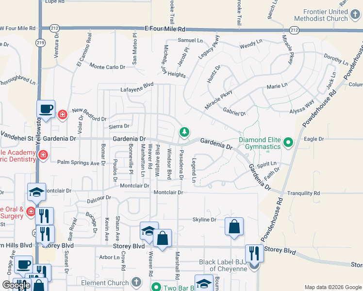 map of restaurants, bars, coffee shops, grocery stores, and more near 7111 Pasadena Drive in Cheyenne