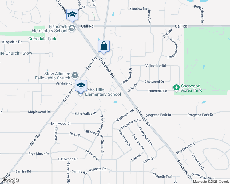 map of restaurants, bars, coffee shops, grocery stores, and more near 2520 Colony Park Place in Stow