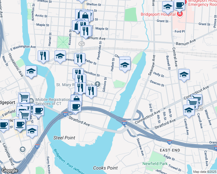 map of restaurants, bars, coffee shops, grocery stores, and more near 6 Gilmore Street in Bridgeport