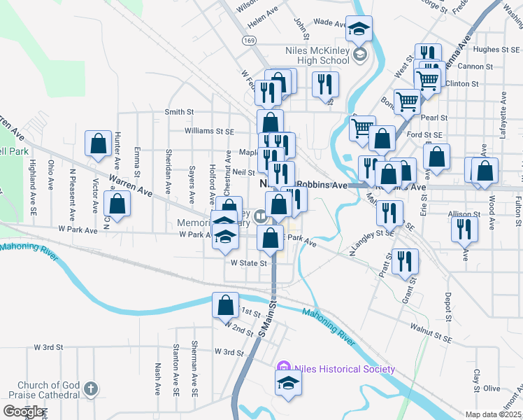 map of restaurants, bars, coffee shops, grocery stores, and more near 40 North Main Street in Niles