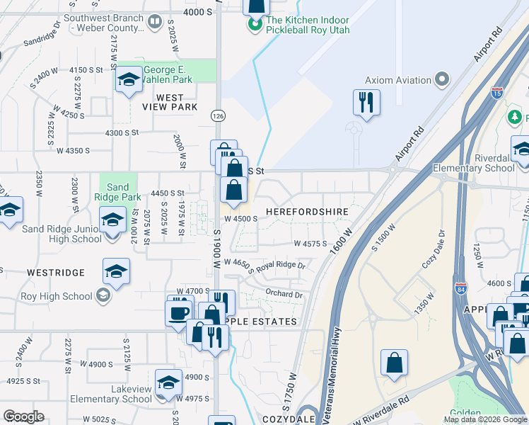 map of restaurants, bars, coffee shops, grocery stores, and more near 1784 West 4500 South in Roy