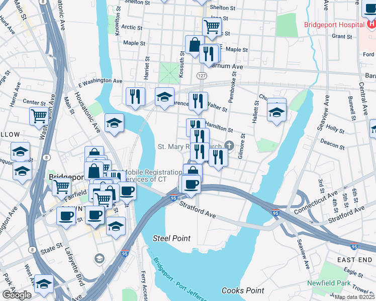 map of restaurants, bars, coffee shops, grocery stores, and more near 159 Howe Street in Bridgeport