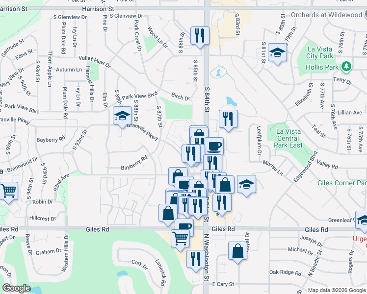 map of restaurants, bars, coffee shops, grocery stores, and more near 8502 Granville Parkway in La Vista