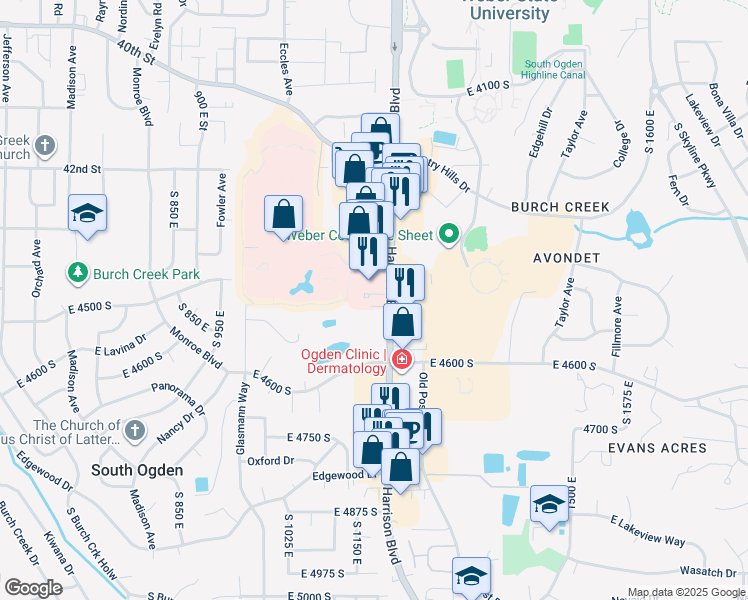 map of restaurants, bars, coffee shops, grocery stores, and more near 4481 Harrison Boulevard in Ogden