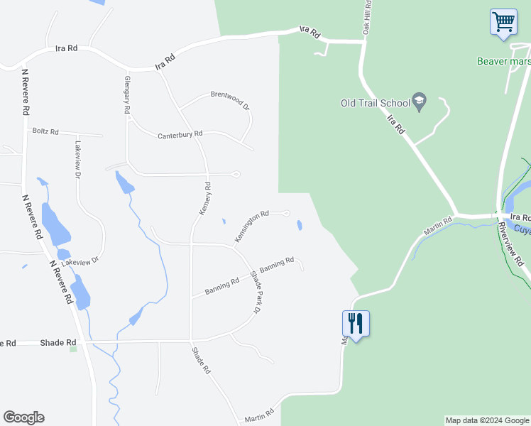 map of restaurants, bars, coffee shops, grocery stores, and more near 2450 Kensington Road in Akron