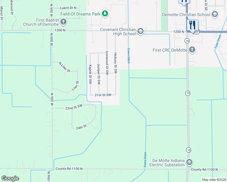 map of restaurants, bars, coffee shops, grocery stores, and more near 801 21st Street Southwest in De Motte