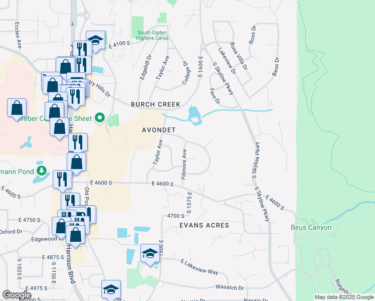 map of restaurants, bars, coffee shops, grocery stores, and more near 4468 Fillmore Avenue in Ogden