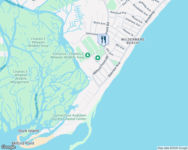 map of restaurants, bars, coffee shops, grocery stores, and more near 182 Milford Point Road in Milford
