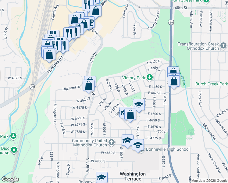 map of restaurants, bars, coffee shops, grocery stores, and more near 157 West 4400 South in Washington Terrace
