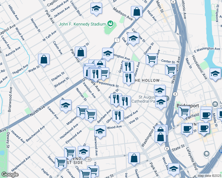 map of restaurants, bars, coffee shops, grocery stores, and more near 55 Worth Street in Bridgeport