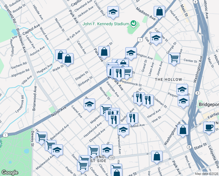 map of restaurants, bars, coffee shops, grocery stores, and more near 930 Norman Street in Bridgeport