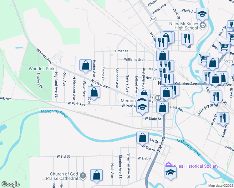 map of restaurants, bars, coffee shops, grocery stores, and more near 8 Sheridan Avenue in Niles