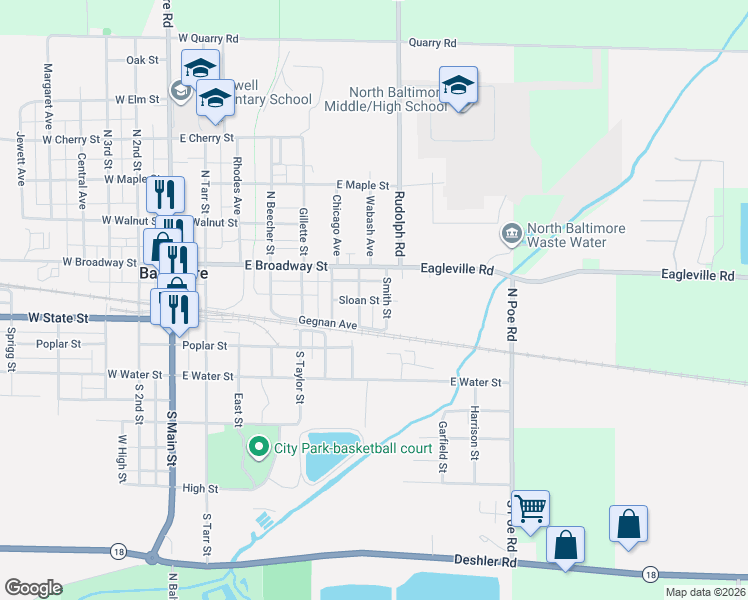 map of restaurants, bars, coffee shops, grocery stores, and more near 106 Grey Street in North Baltimore