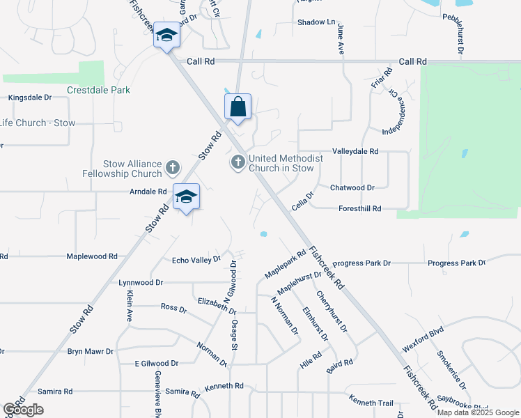 map of restaurants, bars, coffee shops, grocery stores, and more near 2520 Colony Park Place in Stow