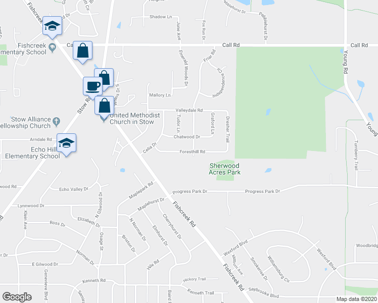 map of restaurants, bars, coffee shops, grocery stores, and more near 4455 Foresthill Road in Stow