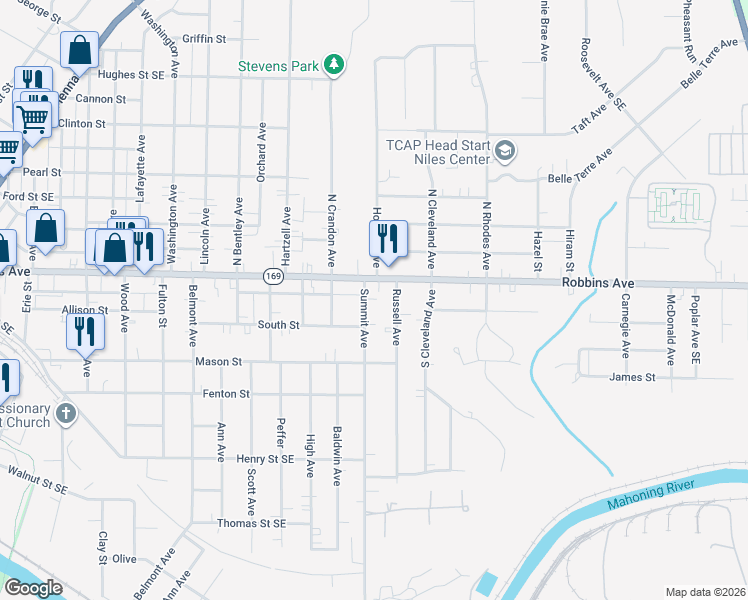 map of restaurants, bars, coffee shops, grocery stores, and more near 52 Russell Avenue in Niles