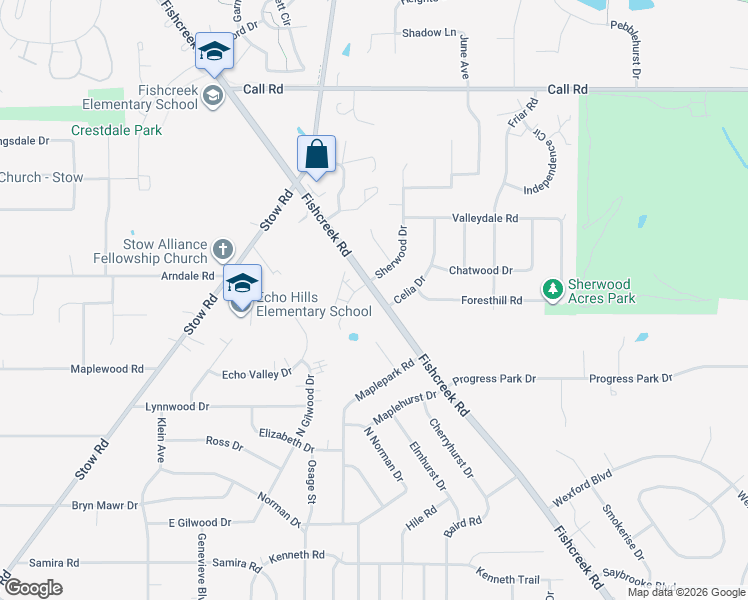 map of restaurants, bars, coffee shops, grocery stores, and more near 4752 Fishcreek Road in Stow