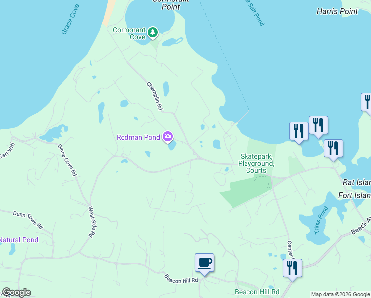 map of restaurants, bars, coffee shops, grocery stores, and more near 1101 West Side Road in New Shoreham
