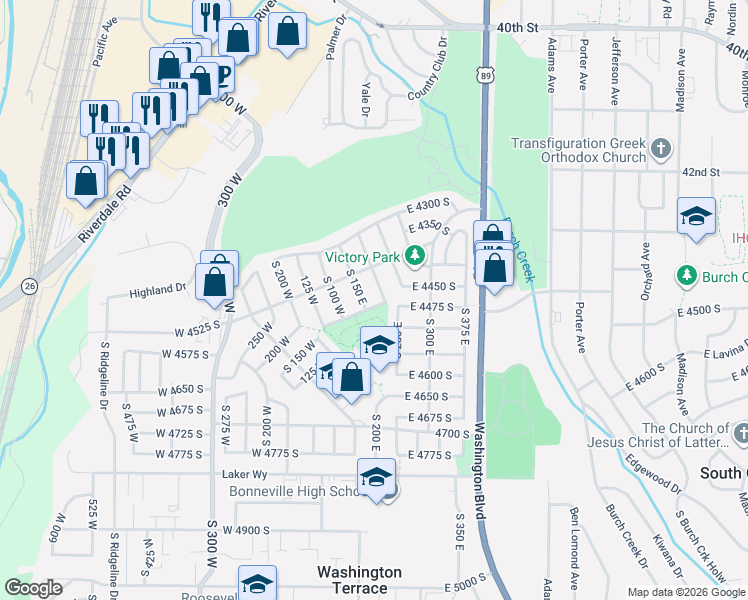 map of restaurants, bars, coffee shops, grocery stores, and more near 164 East 4475 South in Ogden