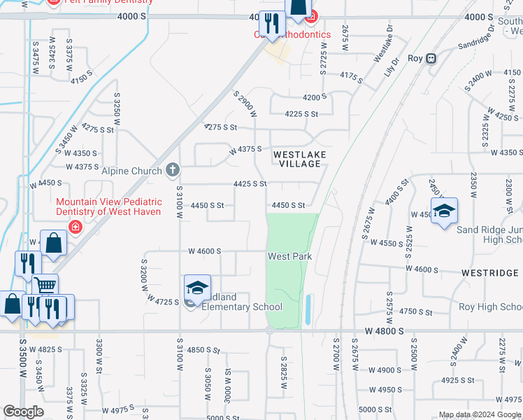 map of restaurants, bars, coffee shops, grocery stores, and more near 4463 South 2900 West in Roy